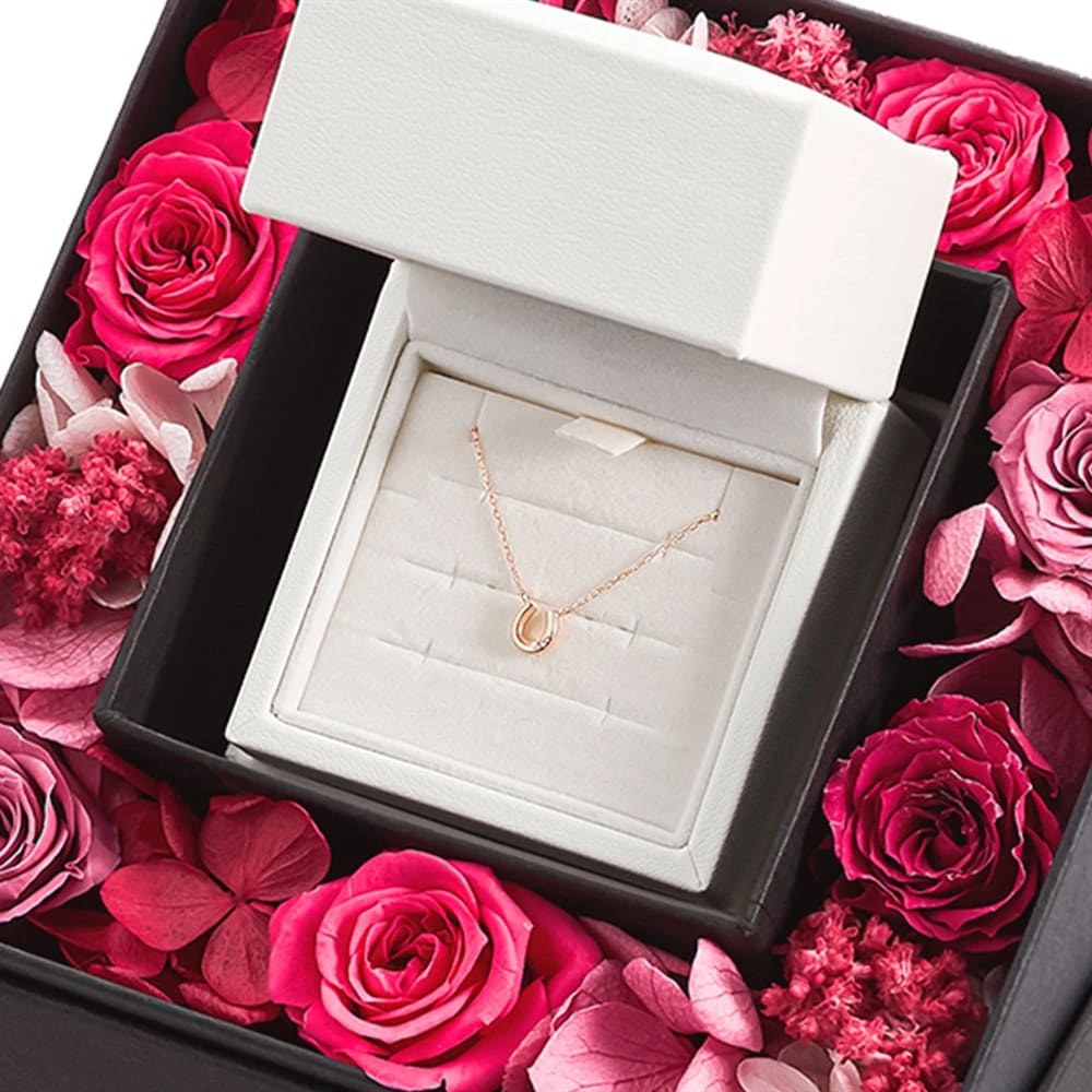 ４℃×日比谷花壇プリザーブドフラワーBOXK10ピンクゴールドホワイトトパーズネックレスセット ¥35,200